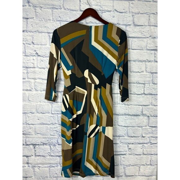 Tahari Arthur S Levine Dress Womens Sz 2 Abstract Multi Color Gathered Waist T4 - Picture 3 of 12